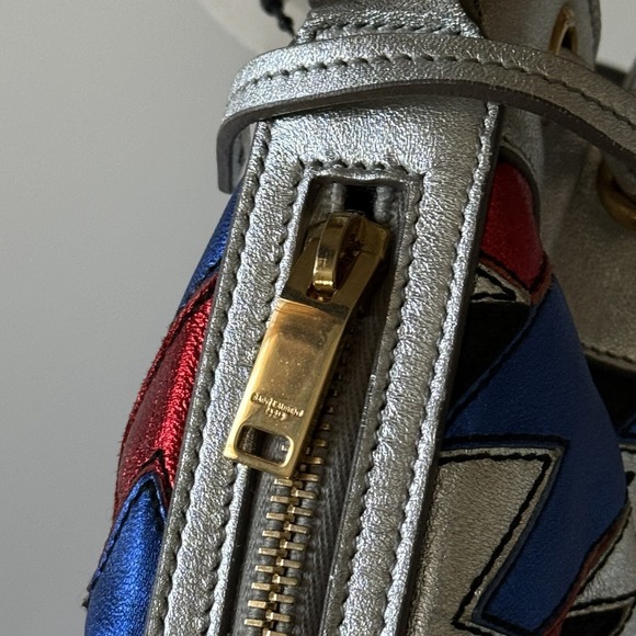 SAINT LAURENT BUCKET BAG PURSE New YSL Yves SILVER RED BLUE LEATHER CROSSBODY - Picture 10 of 11